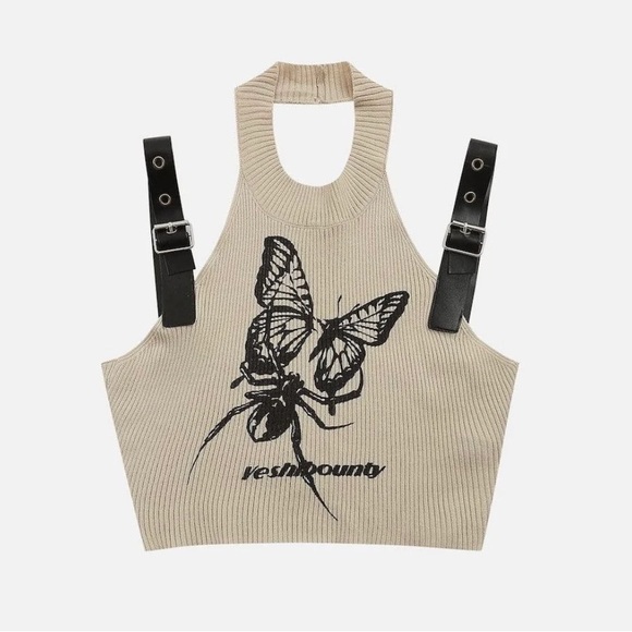 SOLD❤️‍🔥Printed Knit Halter Crop Top with Faux Leather Straps size Small - Picture 1 of 8
